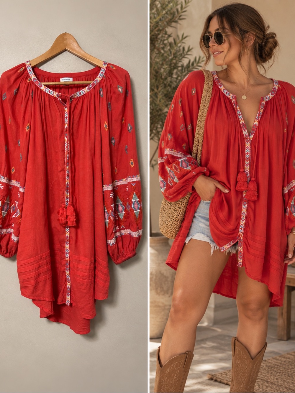 Sundance Orange Embroidered Tassel Tunic Dress Boho Festival Size Small